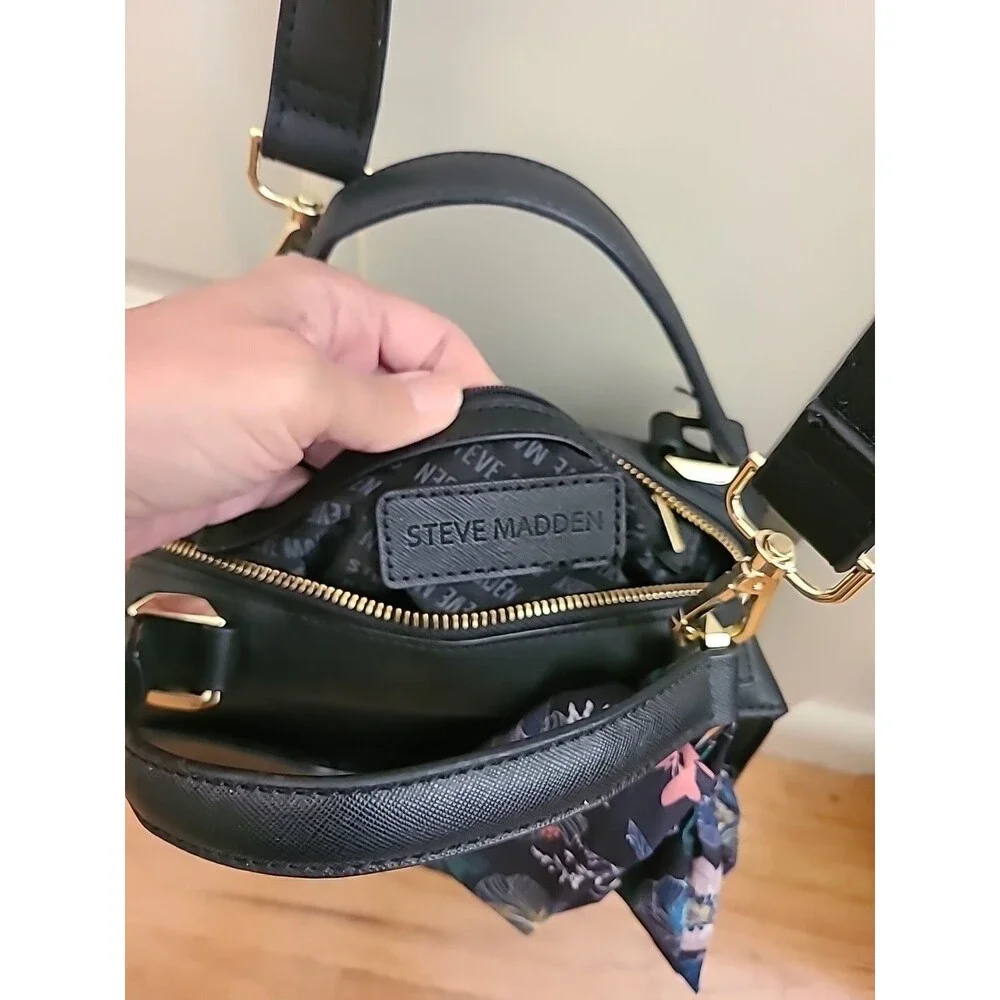 Steve Madden satchel crossbody bag Black Ribbon Gold zipper pockets - Picture 9 of 16